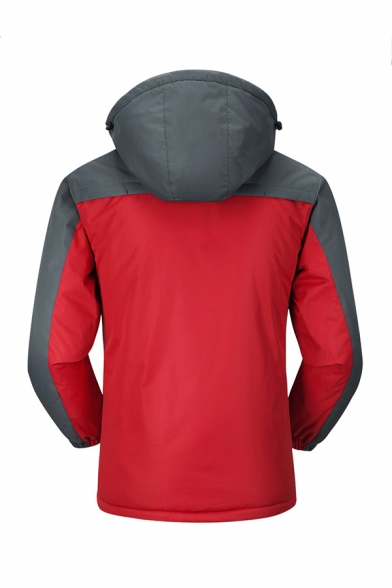 Mens Outdoor Red and Grey Colorblocked Long Sleeve Zip Closure Thick Windbreaker Hooded Track Jacket