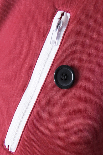 Mens Red Fashionable Contrast Trim Button Decoration Oblique Zip Long Sleeve Slim Fit Sweatshirt