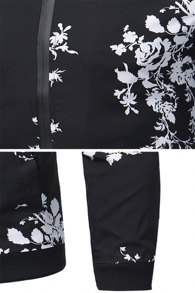 Mens Simple Chic Floral Bamboo Printed Long Sleeve Casual Slim Fit Zip Closure Baseball Jacket