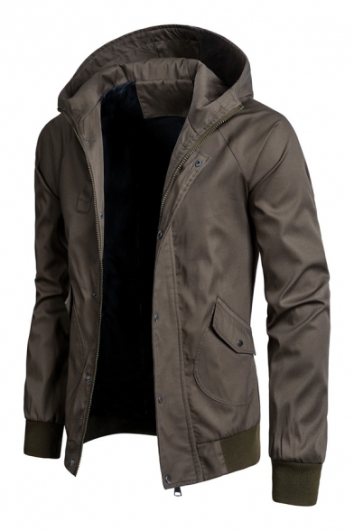 Mens Simple Plain Long Sleeve Concealed Zip Placket Casual Hooded Jacket Coat with Flap Pocket