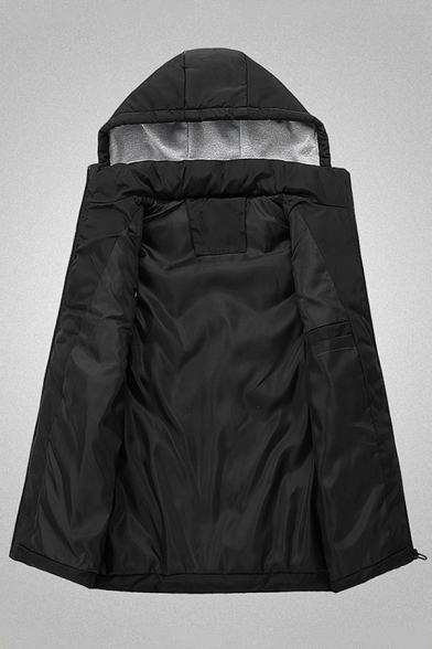 Mens Sportive Plain Black Sleeveless Zip Up Slim Fit Drawstring Hood Casual Puffer Vest