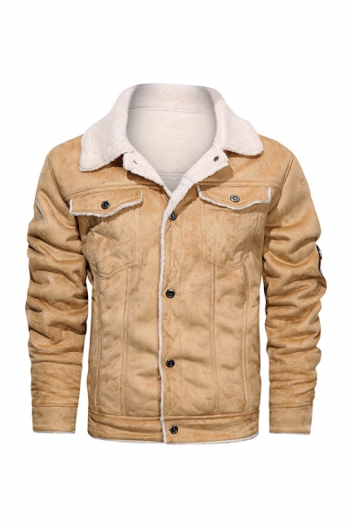 Mens Unique Applique Embellished Long Sleeve Fur Lapel Collar Button Front Flap Pocket Thick PU Jacket