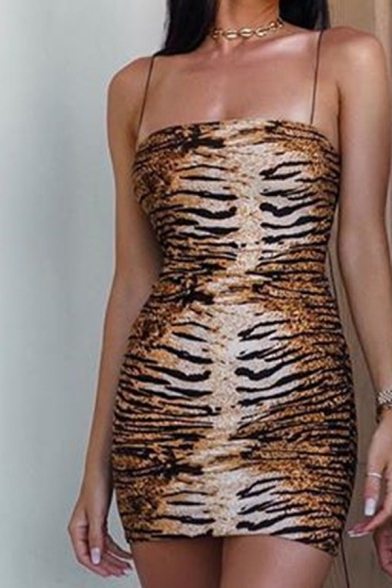 New Trendy Tiger Print Sleeveless Mini Bodycon Cami Dress For Women