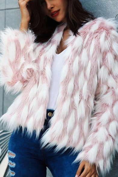 Pink and White Geometric Printed Long Sleeve Open Front Faux Fur Cardigan Coat