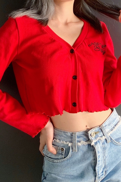 Red Loose Creative Embroidery Letter Printed Long Sleeve Button Fly Cropped Cardigan Coat