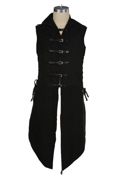 Steampunk Black Gothic Lapel Collar Sleeveless Side Lace-Up Leather Buckle Swallowtail Longline Waistcoat Vest