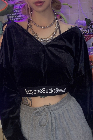 Street Style Black V-Neck EVERYONE SUCKS BUT ME Letter Tape Long Sleeve Stylish Pullover Sweatshirt