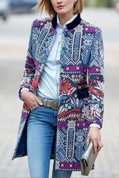 Stylish Tribal Pattern Stand Collar Long Sleeve Open Front Longline Woolen Coat
