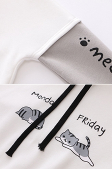 Two Cartoon Cats Pattern MEOW Letter Printed Long Sleeve Colorblock Drawstring Hoodie in Loose Fit