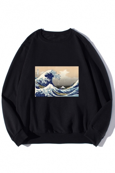 Ukiyo-e Cool Wave Printed Long Sleeve Round Neck Relaxed Loose Pullover Sweatshirt
