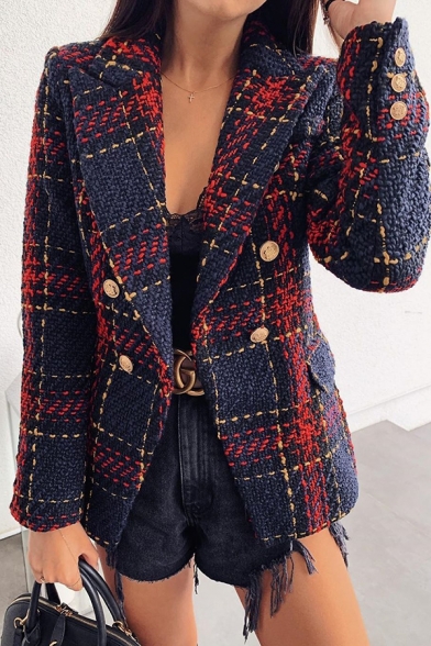 Unique Plaid Printed Long Sleeve Double-Breasted Fitted Retro Blazer Coat