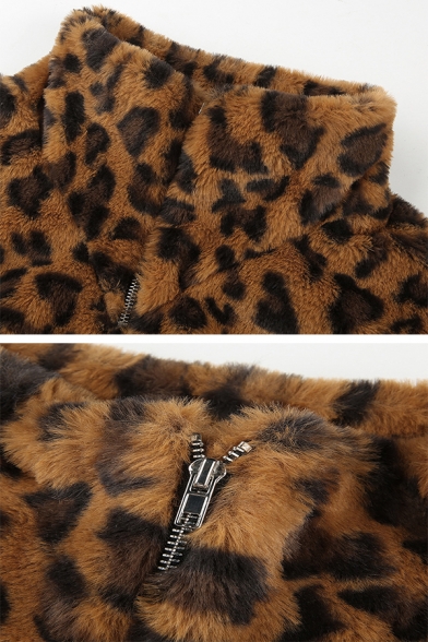 Winter Classic Leopard Printed High Collar Long Sleeve Half Zip Cropped Slim Fit Brown Fluffy Plush Sweatshirt