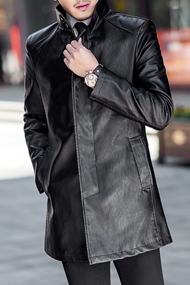 Winter Cool Plain Stand Collar Button Front Mens Faux Leather Business Longline Jacket Coat