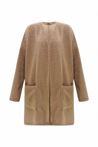 Dunacifa Womens Fleece Fuzzy Open Front Button Winter Coat with Pockets Outwear Jackets Faux Fur Cardigan Outerwear 