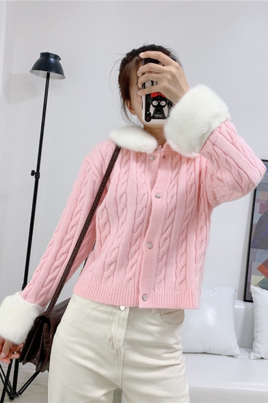 Winter Warm Girls Cute Fur Patch Collar Long Sleeve Button Fly Cable Knit Pink Short Fitted Cardigan Coat