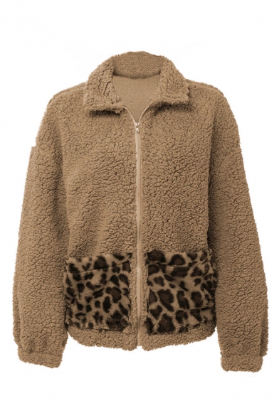 Winter Warm Leopard Patch Pocket Lapel Collar Metal Zipper Fluffy Teddy Coat for Ladies