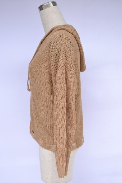 Womens Casual Khaki V-Neck Long Sleeve Pull-Ring Zip Up Oversized Hooded Cardigan Knit Coat