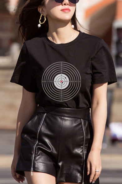 Womens Chic Bullseye Pattern Short Sleeve Casual Black Pullover T-Shirt