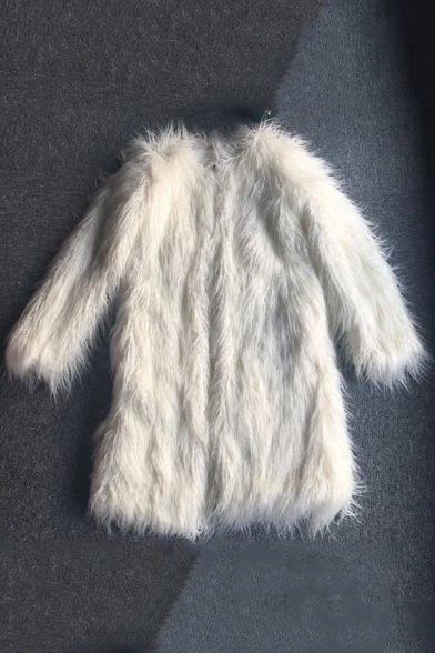 Womens Chic Plain Long Sleeve Open Front Faux Fur Longline Sheepskin Warm Coat
