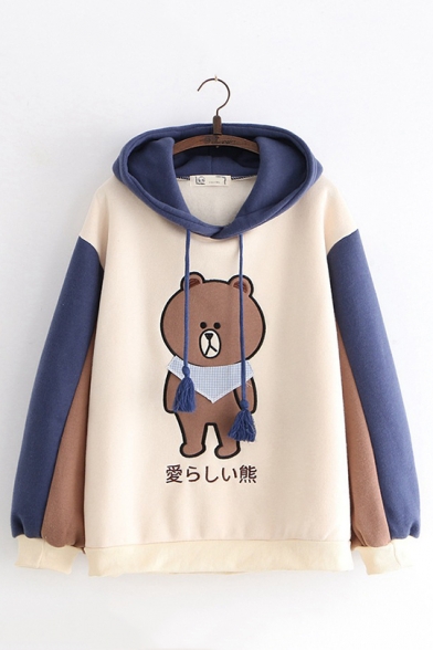 Womens Cute Cartoon Bear Embroidery Colorblocked Long Sleeve Relaxed Drawstring Hoodie