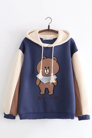 Womens Cute Cartoon Bear Embroidery Colorblocked Long Sleeve Relaxed Drawstring Hoodie