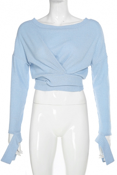 Womens Elegant Light Blue Knot Button Embellished Irregular Long Sleeve Belted Cropped Designer Sweater