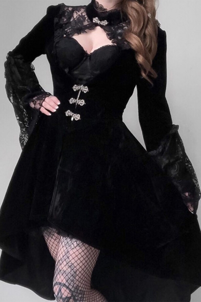 Womens Elegant Steampunk Stand Collar Lace Patch Bell Sleeve Bow Button High Low Cutout Front Black Midi Gothic Velvet Dress