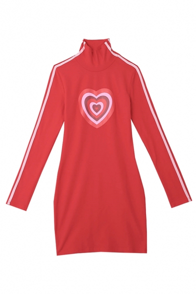 Womens Fashion Red Heart Printed Stripe Panelled Long Sleeve High Collar Slim Fit Mini Dress