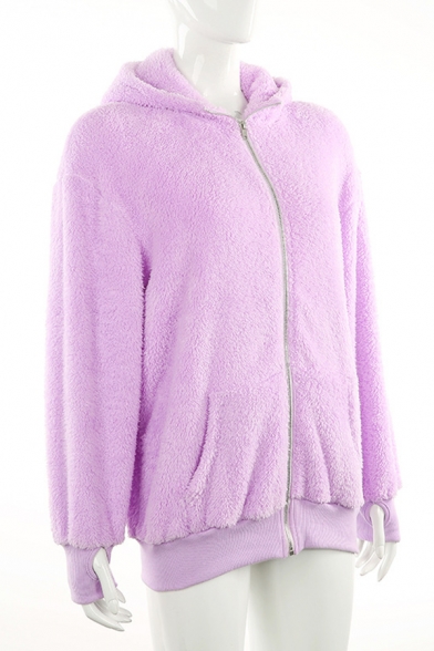 Womens Fashionable Body Glove Long Sleeve Full Zip Plain Fuzzy Loose Relaxed Coat Hoodie