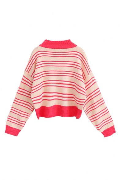 Womens Lovely Pink Stripes Long Sleeve Loose Fit Short Knitwear Pullover Sweater