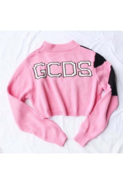 Womens Popular Pink Cute Cartoon GCDS Printed Mock Neck Long Sleeve Cropped Pullover Sweater