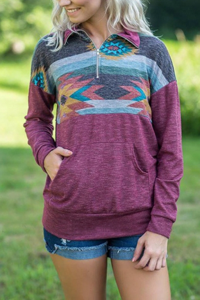 Womens Retro Geometric Pattern Long Sleeve Half Zip Casual Sweatshirt with Pouch Pocket