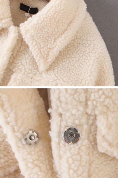 Womens Retro Warm Long Sleeve Single Breasted Cream Plain Sherpa Short Coat with Pocket