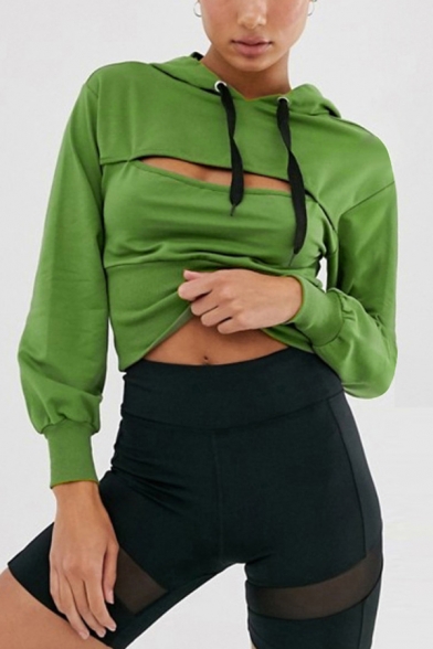 Womens Sexy Dark Green Cut Out Front Long Sleeve Slim Drawstring Hoodie