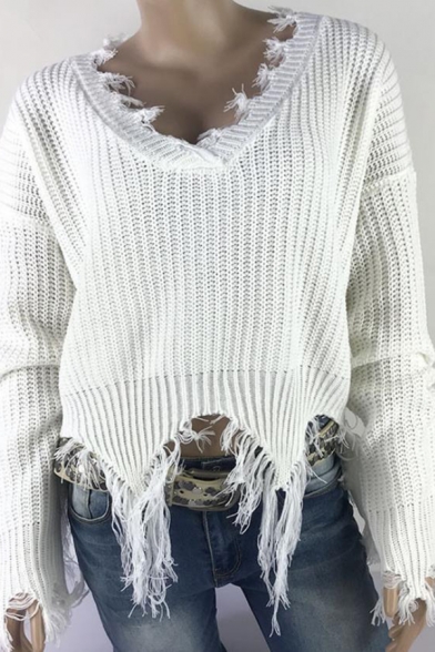 Womens Sexy Deep V Neck Long Sleeve Ripped Raw Cut Edge Loose Fit Plain Pullover Sweater