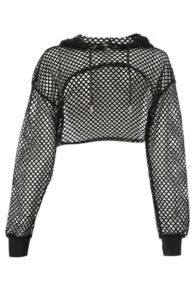Womens Sexy Mesh Fishnet Hollow Out Long Sleeve Super Crop Hoodie