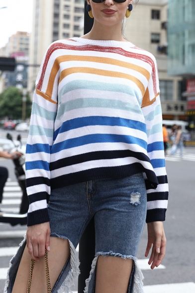 Womens Simple Allover Stripes Printed Long Sleeve Round Neck Loose Fit Leisure Pullover Sweater