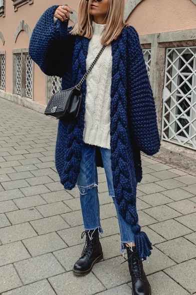Womens Solid Designer Long Sleeve Braided Tassel Open Front Longline Chunky Knit Cardigan Coat