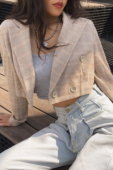 Womens Stylish Khaki Checked Pattern Long Sleeve Button Front Cropped Blazer Coat