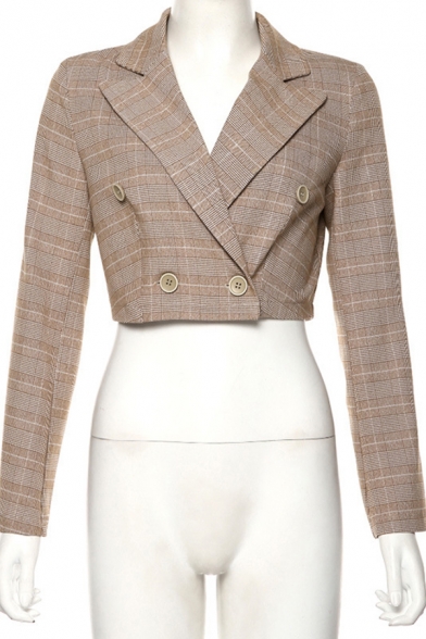 Womens Stylish Khaki Checked Pattern Long Sleeve Button Front Cropped Blazer Coat