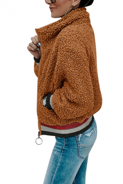 Womens Stylish Lapel Collar Long Sleeve Colorblocked Stripes Trim Zip Up Slim Fit Fuzzy Teddy Jacket Coat