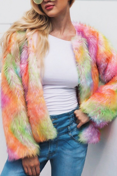 Womens Stylish Long Sleeve Open Front Mixed Color Short Faux Fur Cardigan Coat
