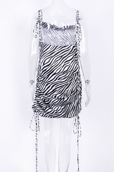 Womens Summer Popular Zebra Printed Backless Ruched Drawstring Side Black Fitted Mini Cami Dress