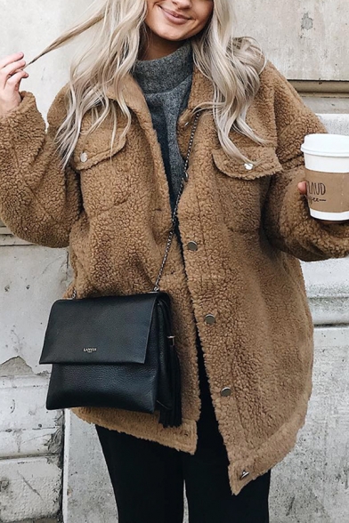Womens Winter Fashion Single Breasted Long Sleeve Loose Fit Teddy Bear Coat with Chest Pocket