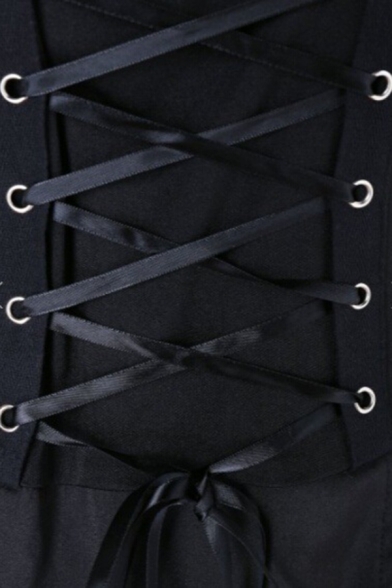 Black Punk Vintage Lace-Up Front Ruffle Lace Panel Mid-Length Party Dress