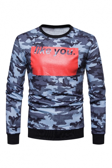 Classic Camo Colorblock LIKE YOU Letter Printed Long Sleeve Slim Fit Pullover Sweatshirt