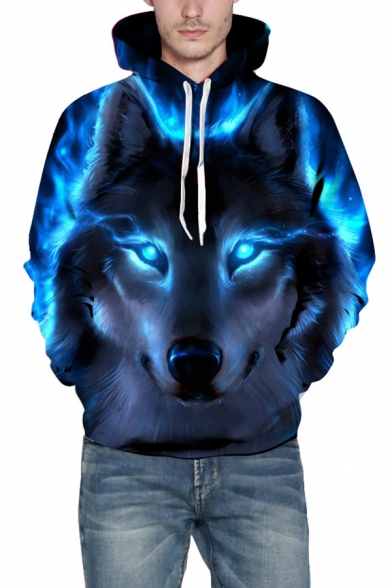 Cool Wolf Digital Printed Long Sleeve Casual Loose Pullover Hoodie