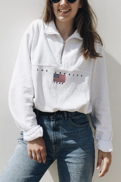 Drawstring Stand Collar Embroidered Flag Letter LOS ANGELES Printed Half Zip White Loose Sweatshirt