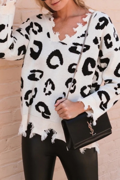 Fancy Geometric Pattern Printed V Neck Long Sleeve Ripped Trim Leisure Pullover Sweater