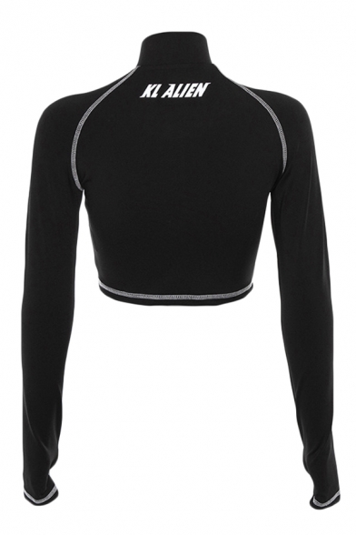 Fashion Reflective Letter KL ALIEN Printed Back Stitches Embellished Half Zip Fitted Cropped Sweatshirt
